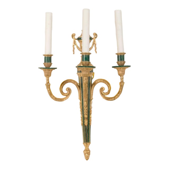 20th Century, Louis XVI Style Three-Light Gilded Bronze and Faux Malachite Sconce For Sale