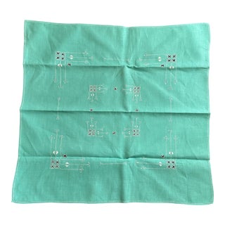 Vintage Green Linen Tablecloth With Embroidery Details For Sale