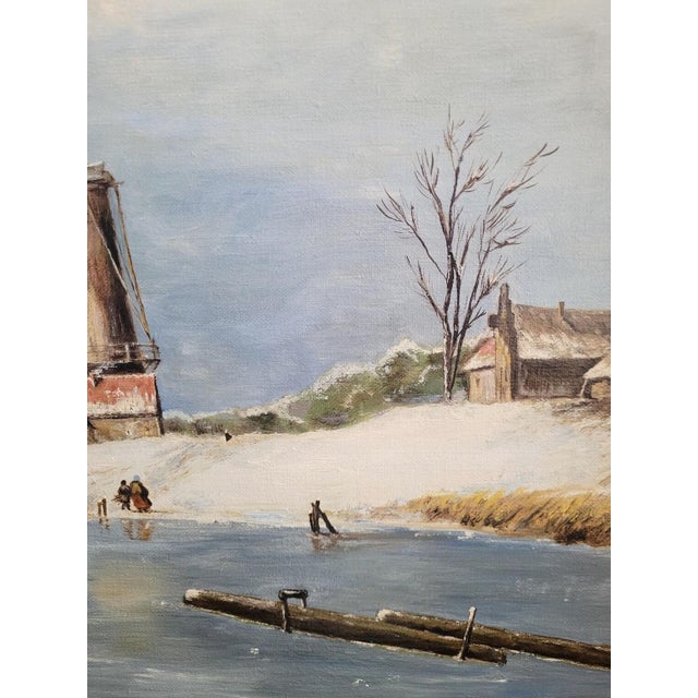 Wood Dutch Winter Landscape, 1800s, Oil on Canvas, Framed For Sale - Image 7 of 10