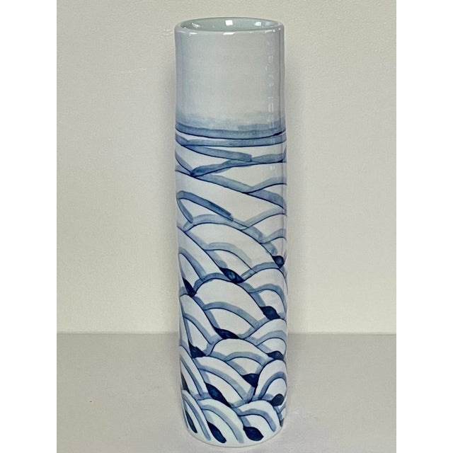 Vintage Gump's Blue & White Tall Ceramic Vase For Sale - Image 9 of 9