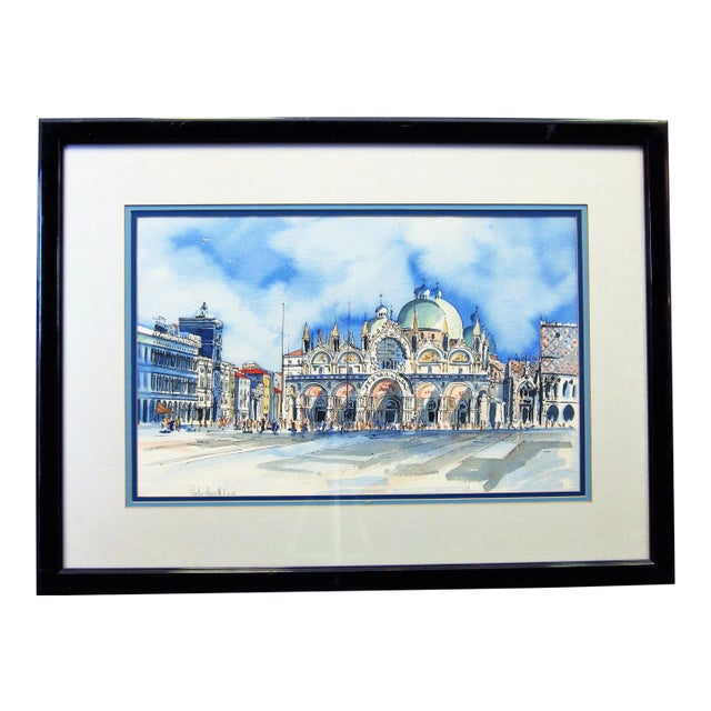Signed Watercolor "The Piazza at San Marco Square" For Sale