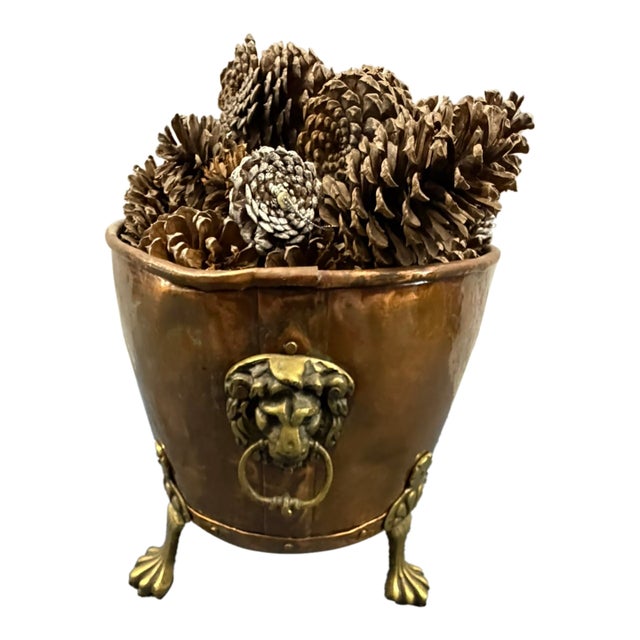 Antique Copper & Brass Kindling and Wood Holder – Lion Head Ring Pulls & Claw Feet For Sale