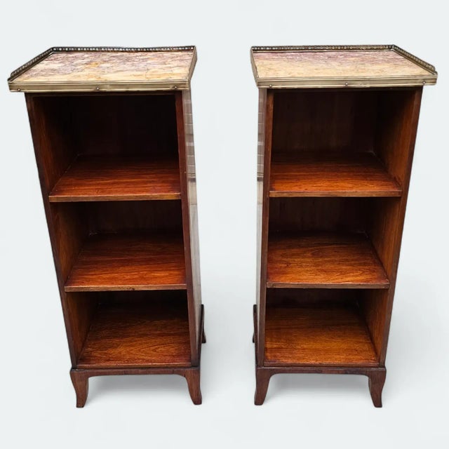 This Pair of 19th Century Slender French Directoire Style Mahogany Marble Topped Diminutive Open Bookcases/Side Tables...