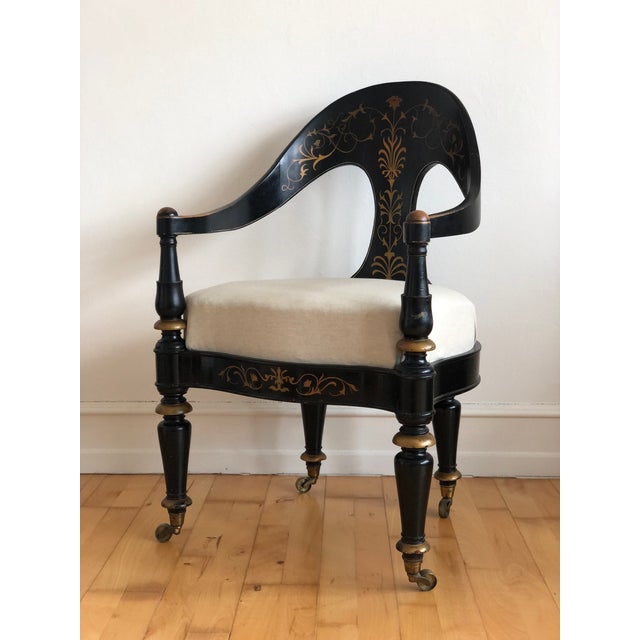 Danish Cabinetmaker Armchair, 1860s, Black Lacquer With Gold Decoration, Brass Castors, Empire/Biedermeier For Sale - Image 12 of 18