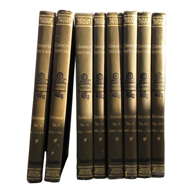 1902 Olive Green Leather Gilt Books, Complete Set Vols 1-8, Brewer, Character Sketches of Romance, Fiction, Drama For Sale