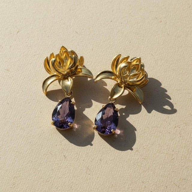 Metal Lotus Amethyst Drop Earrings, Pair For Sale - Image 7 of 7
