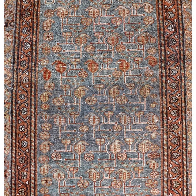 Tribal Antique Persian Malayer Runner With Blue Field and Floral Design 2'10" X 9'3" For Sale - Image 3 of 11