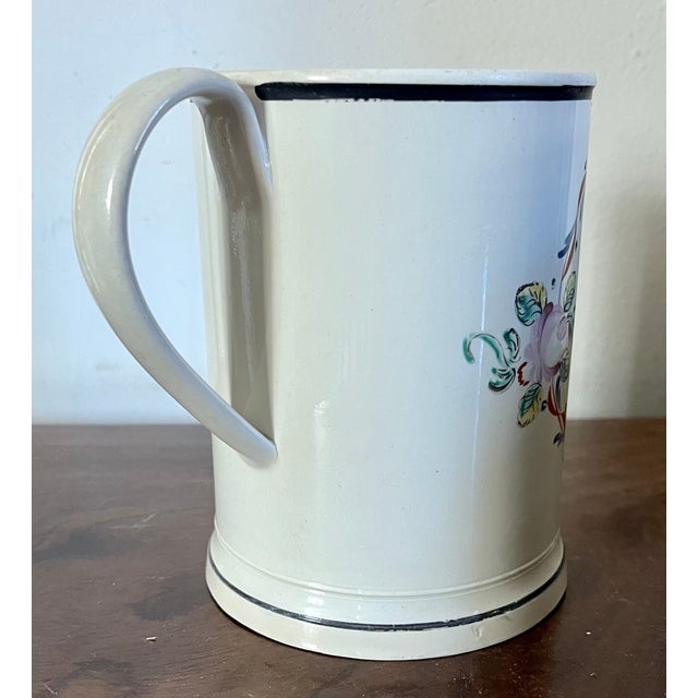 Ceramic Large Antique Late 18th Century English Creamware Porter's Tankard Mug With Motto About Health, Wealth & Heaven Within a Rose Garland For Sale - Image 7 of 11