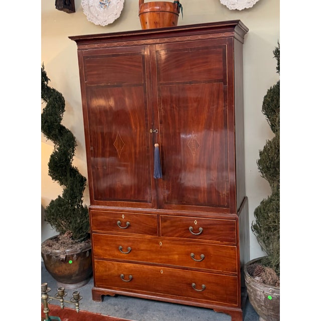 Antique 18c Flame Mahogany Inlaid Linen Press Armoire Cupboard For Sale - Image 4 of 6