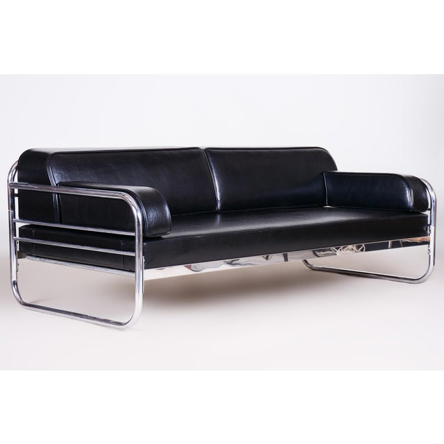 Black Bauhaus Sofa in Chrome and Leather attributed to Hynek Gottwald, Czech, 1930s For Sale - Image 8 of 8