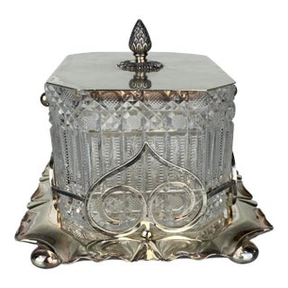 1960s Cut Crystal Serving Candy Dish in Metal Holder For Sale