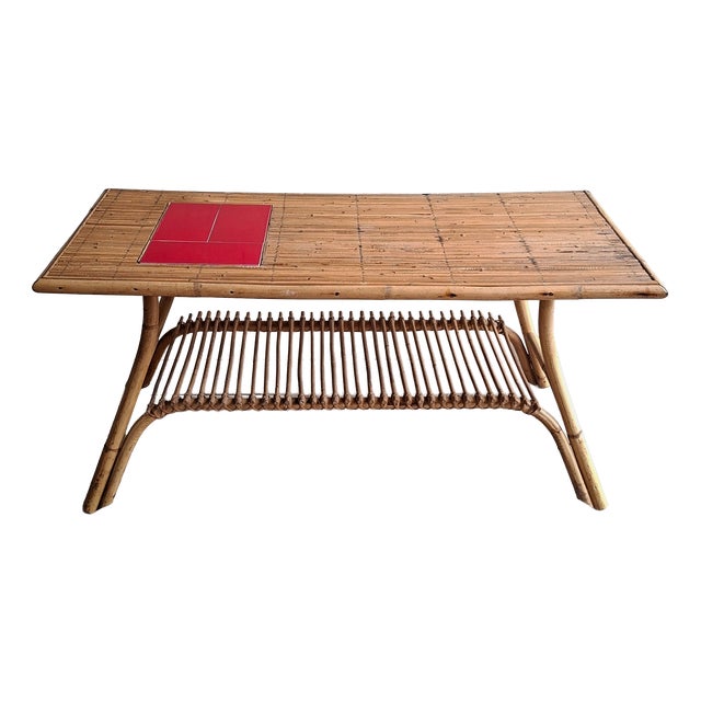 French Rattan Coffee Table with Tiles, 1960s For Sale