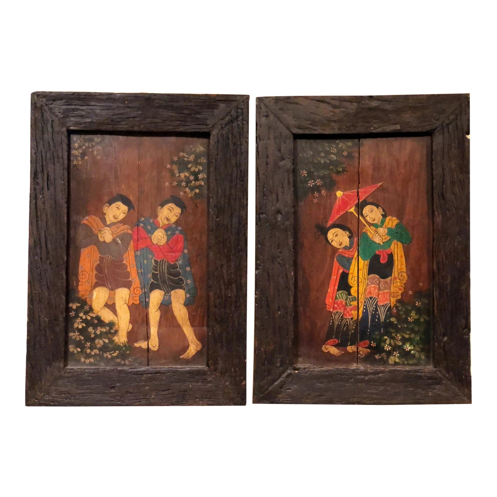 Vintage Asian Art Framed Painted Wall Hangings on Wood a Pair Chairish