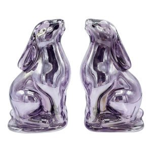 Pair of Vintage Mid-Century Lavender Iridescent Glass Bunny Bookends