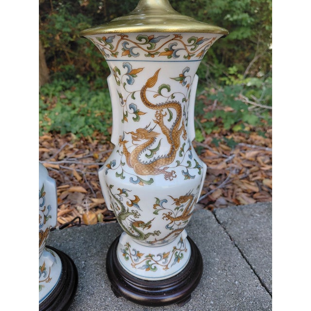 Traditional Vintage Asian Porcelain Dragon Table Lamps - a Pair For Sale - Image 3 of 5