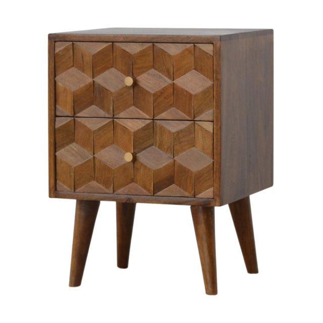 This compact nightstand is defined by its hand-carved cube-pattern drawer front, adding depth and visual interest to a...