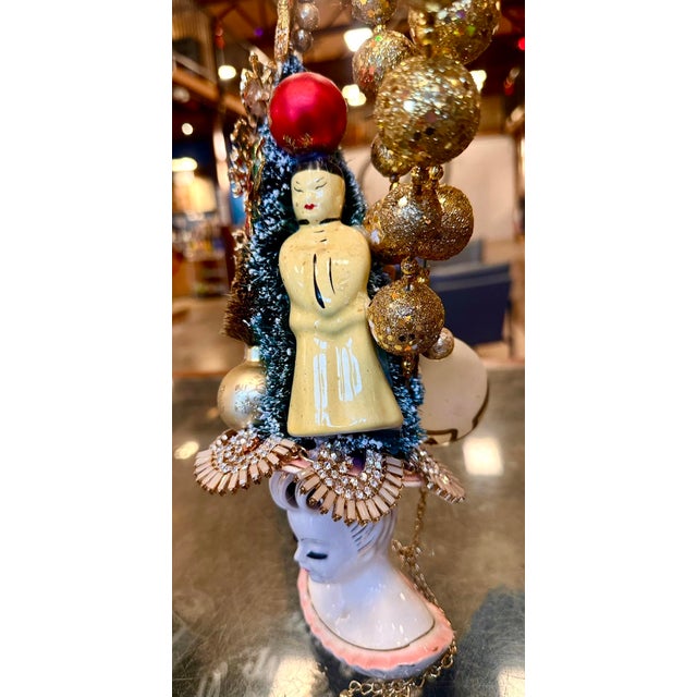 Mid-Century Modern Vintage Lefton Lady Head Vase With Vintage Costume Jewelry and MCM Ornaments For Sale - Image 3 of 11