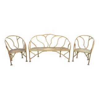 Vintage Solid Iron Signed "Winterthur" Faux Bois Settee Sofa & Chairs Set For Sale
