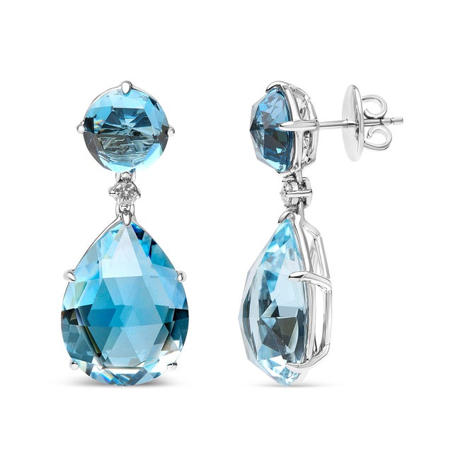 Contemporary 18K White Gold 1/5 Cttw Diamond with Round London Blue Topaz and 20 x 15mm Pear Cut Sky Blue Topaz Gemstone Dangle Earring(G-H Color, SI1-SI2 Clarity) For Sale - Image 3 of 5