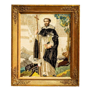 Stunning Antique 19th Century Saint Dominic Needlework Embroidery Victorian Catholic Religious Textile in Gilt Frame Wall Home Decor Art For Sale