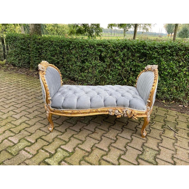 Wood Late20C French Louis XVI Gold Gray Velvet Settee-1Pc For Sale - Image 7 of 13