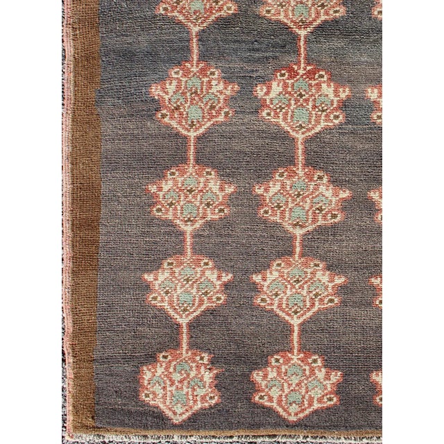 Tribal Vintage Turkish Tulu Rug With Three Rows of Flowers on Gray & Charcoal Field For Sale - Image 3 of 7