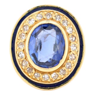 1960s Halo Ring in Gold, Ceylon Sapphire, Diamonds, and Enamel, Size 7.5 For Sale