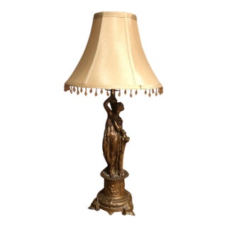Late 1800s Antique Figural Lamp With Beaded Shade For Sale