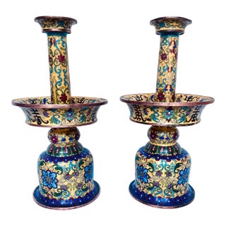 19th Century Chinese Imperial Yellow Cloisonné Enamel Pricket Candle Holders - A Pair For Sale