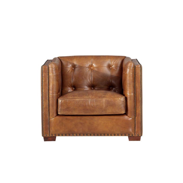 Italian Tuxedo Leather Arm Chair - Light Brown For Sale - Image 3 of 5