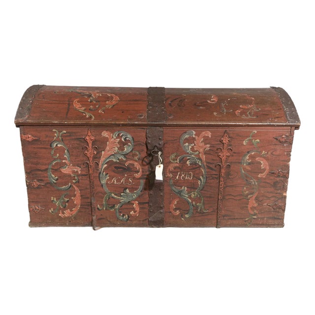 Antique Danish Hand-Painted Dome Top Blanket Chest, Dated 1810 For Sale