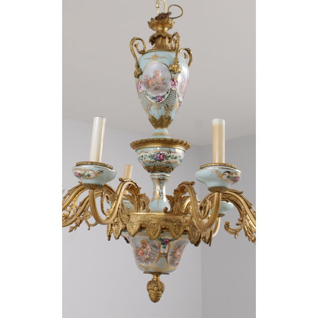 French Vintage Sevres Style French Porcelain 8 Light Chandelier For Sale - Image 3 of 18