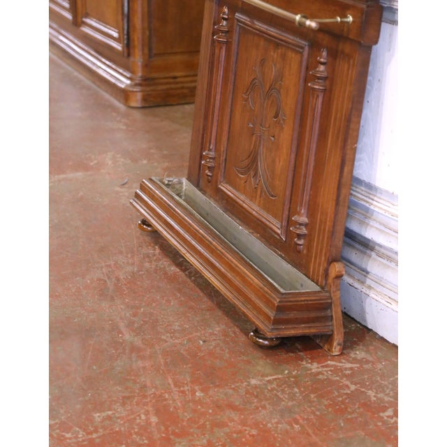 19th Century French Carved Walnut Halltree With Mirror and Brass Hooks For Sale - Image 4 of 12