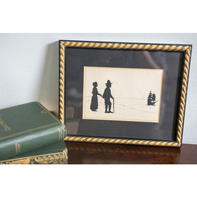 Pilgrims watching a clipper ship like the Mayflower from the shore: an original silhouette with documented New York State...