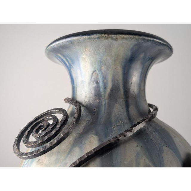 Belgian Art Deco Stoneware and Wrought Iron Vase by Roger Guerin, 1930 For Sale - Image 3 of 15
