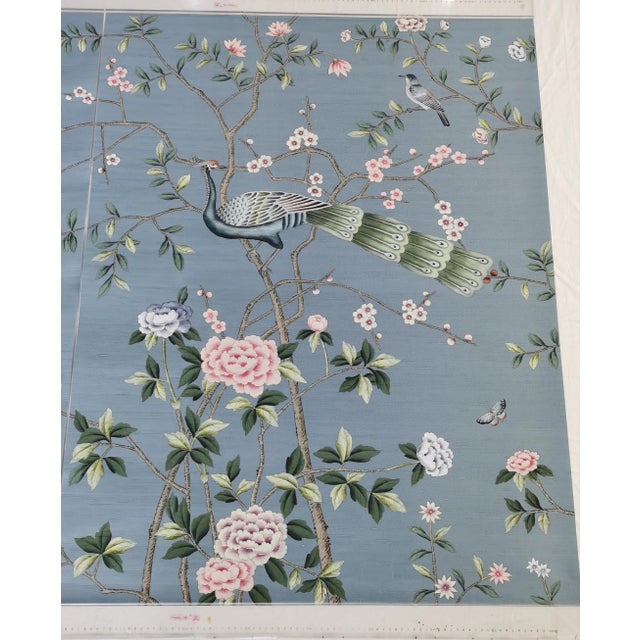 Hand-Painted Chinoiserie Peacock Wallpaper Panels – Luxury Floral Bird Mural, Elegant Botanical Wall Art, 2 Panels 34x44 For Sale - Image 6 of 6