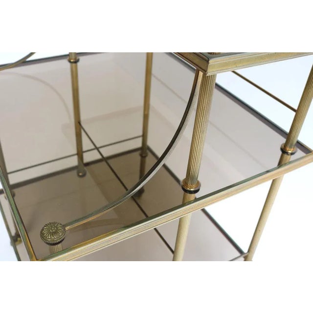 Metal Mid-Century French Brass & Smoked Glass Three Tiered Drinks Trolley, 1970s For Sale - Image 7 of 11