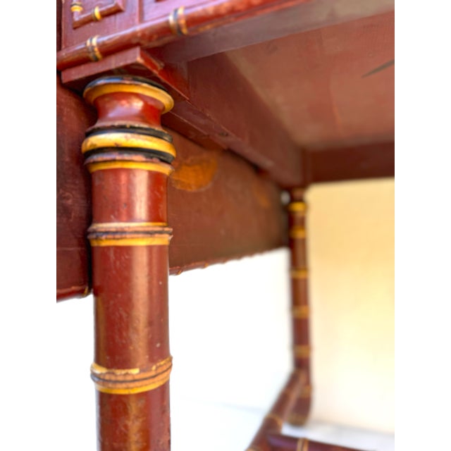 Table Desk: Antique Warm Red Lacquer and Gilt Chinoiserie French Table / Writing Desk For Sale - Image 11 of 12