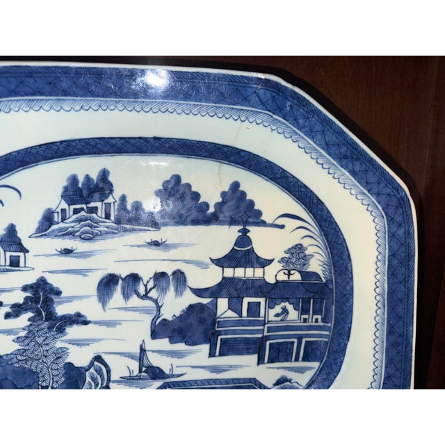 Antique Chinese Canton Large Platter Export Porcelain Blue & White 17"x13” With Wood Display Stand For Sale In Charlotte - Image 6 of 12