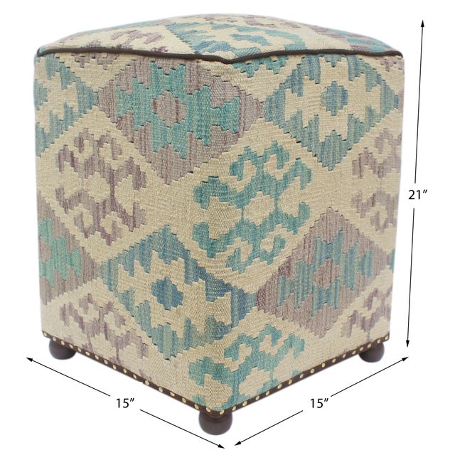 Chic handmade ottoman crafted using wood and upholstered using hand-woven kilim wool rug is a multi-purpose fashion pouf...