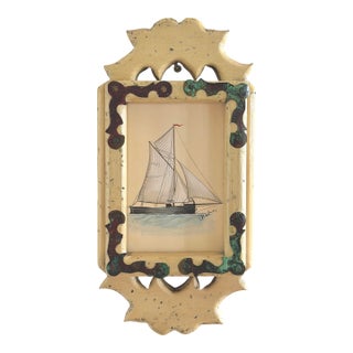 Original Hand-Painted Sailboat Painting in a Vintage Folk Frame For Sale