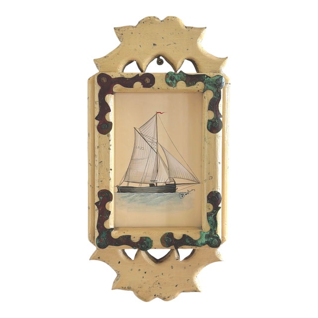 Original Hand-Painted Sailboat Painting in a Vintage Folk Frame For Sale
