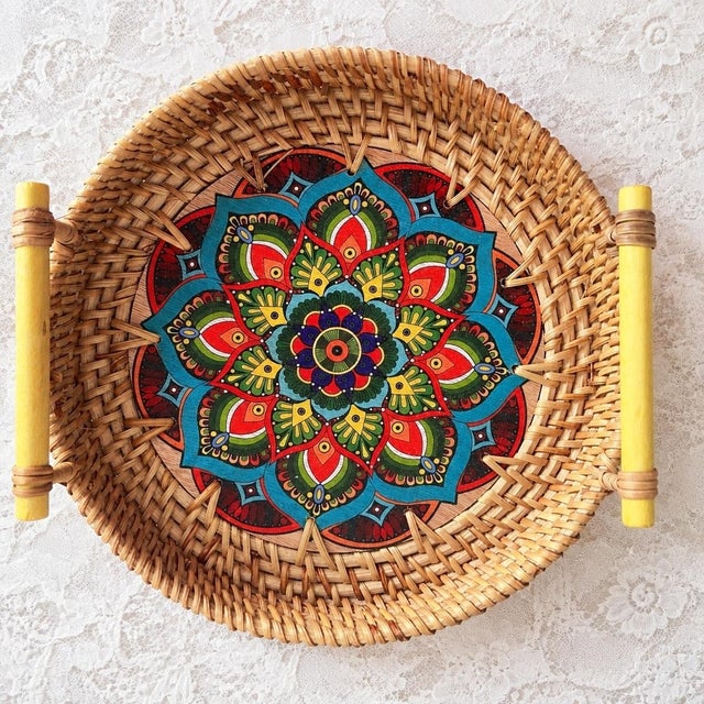 Wood Set of Three Hand Painted Mandala Flower Pattern Rattan Round Trays With Handles For Sale - Image 7 of 8