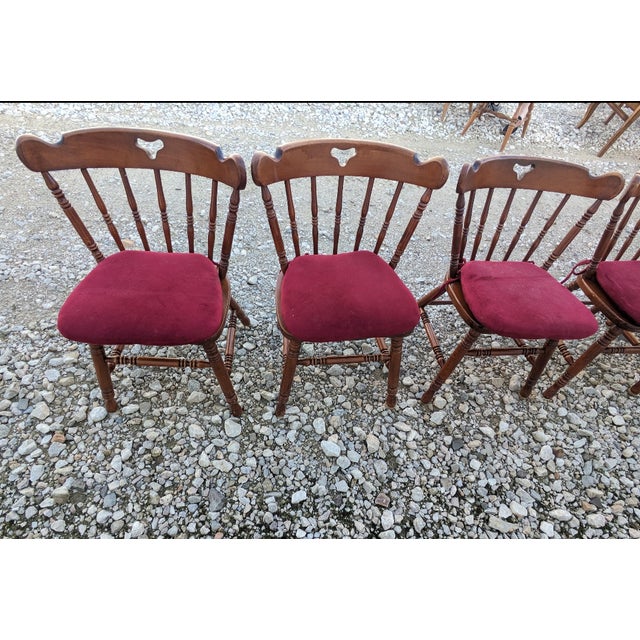 1970s Swiss-American Tell City Pub Chairs in Solid Hard Rock Maple Dining Chairs. Set of Six With Red /Maroon Cushions. For Sale - Image 5 of 9
