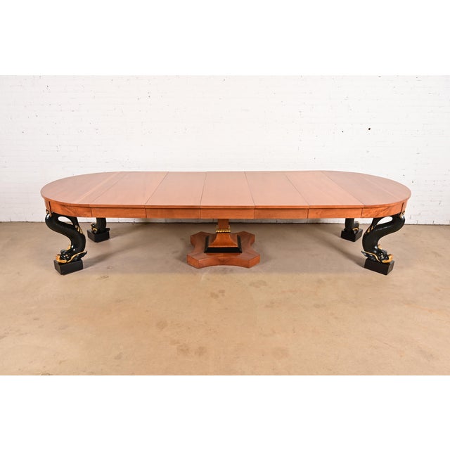 Brown Antique Italian Regency Cherry and Burl Wood Parcel Ebonized Dolphin Base Monumental Extension Dining Table, Circa 1890s For Sale - Image 8 of 12