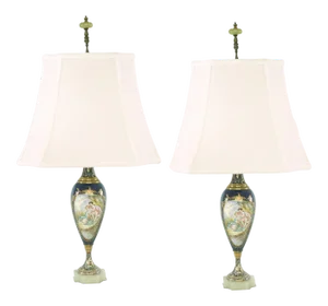 19th Century Sevres Style Porcelain / Onyx Base Table Lamps - a Pair