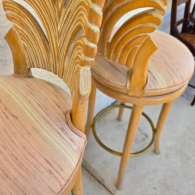 Vintage Venetian Grotto Style Carved Wood Palm Leaf Barstools Set of 2 For Sale - Image 15 of 15