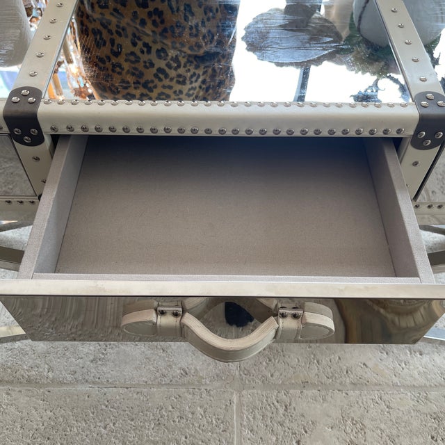 1980s Brushed Iron, Wood & Leather Drawers Console Table For Sale - Image 12 of 12