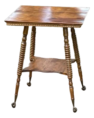 Classic American Two Tier Square Oak Parlor Table C. 1930's Brass Ball Claw Feet