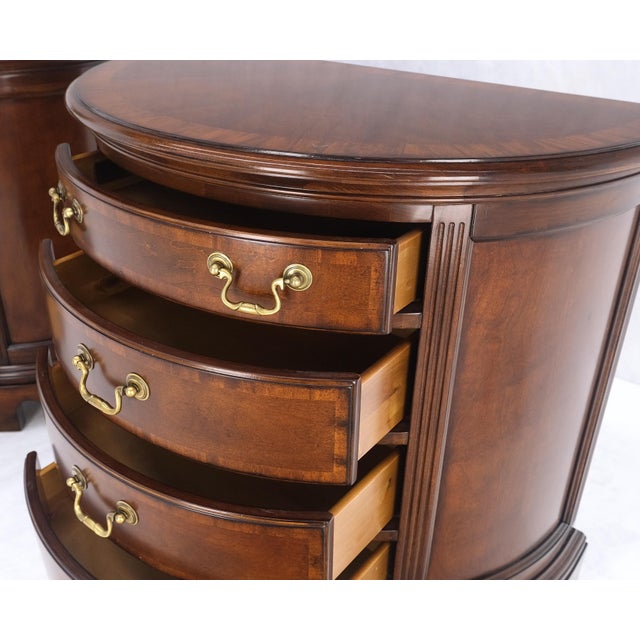 Pair of 4 Drawer Banded Top Demi Lune Consoles Dressers Brass Drop Pulls MINT! For Sale - Image 10 of 16